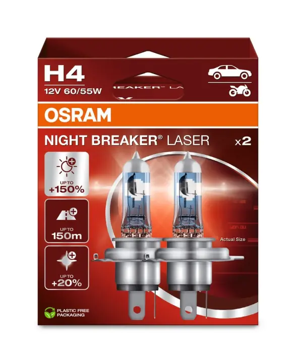 Лампа (Набір 2шт) H4 12В 60/55Вт P43T (EN) up to 150% greater brightness (EN) up to 150m light beam (EN) up to 20% whiter light Night Breaker Laser, Білий OSRAM 64193NL-2HB (фото 1)
