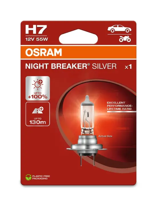 Лампочка H7 Night Breaker Silver (упаковка-блістер, 1 шт, 12В, 55Вт, тип гнізда: PX26D до 100% більшої яскравості (EN) up to 130m light beam) OSRAM 64210NBS-1BL (фото 1)