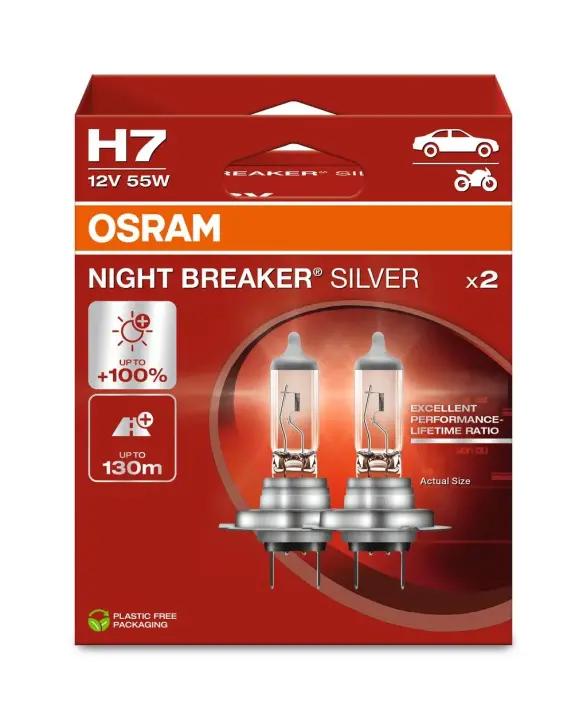 Лампочка H7 Night Breaker Silver (набір, 2 шт, 12В, 55Вт, тип гнізда: PX26D до 100% більшої яскравості (EN) up to 130m light beam) OSRAM 64210NBS-2HB (фото 1)