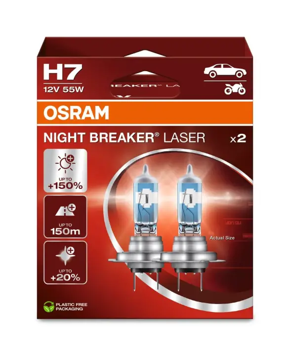 Лампа (Набір 2шт) H7 12В 55Вт PX26D (EN) up to 150% greater brightness (EN) up to 150m light beam (EN) up to 20% whiter light Night Breaker Laser, Білий OSRAM 64210NL-2HB (фото 1)