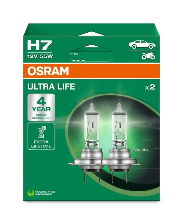 Лампочка H7 Ultra Life (набір, 2 шт, 12В, 55Вт, тип гнізда: PX26D в 4 рази довший термін служби) OSRAM 64210ULT-2HB (фото 1)