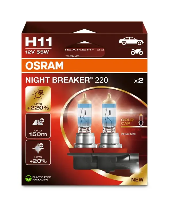 Лампа фарна H11 12V 55W PGJ19-2 NIGHT BREAKER (+220%) компл. (вир-во) 64211NB220-HCB знято з вир-ва, заміна на 64211NB220-2HB OSRAM 64211NB2202HB (фото 1)