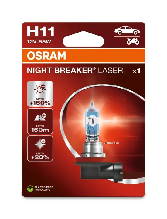 Лампочка H11 Night Breaker Laser (упаковка-блістер, 1 шт, 12В, Білий, 55Вт, тип гнізда: PGJ 19-2 (EN) up to 150% greater brightness (EN) up to 150m light beam (EN) up to 20% whiter light) OSRAM 64211NL-1BL (фото 1)