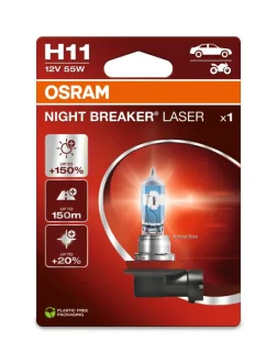 Лампочка H11 Night Breaker Laser (упаковка-блістер, 1 шт, 12В, Білий, 55Вт, тип гнізда: PGJ 19-2 (EN) up to 150% greater brightness (EN) up to 150m light beam (EN) up to 20% whiter light) OSRAM 64211NL-1BL