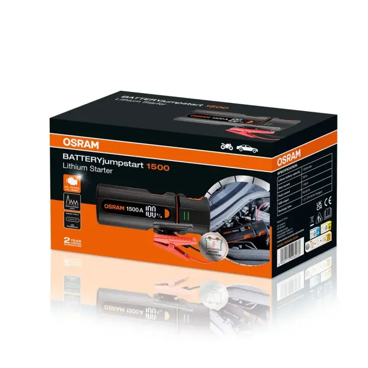 Пусковий пристрій BATTERYjumpstart 1500 / 12000mAh (вир-во) Пусковий пристрій для 12-вольтових автомобілів з бензиновими двигунами об\'ємом до 6,0 л і дизельними двигунами об\'ємом до 3,0 л - Вбудована функція "Boost" - пуск акумуляторів від 0 OSRAM OJS030 (фото 1)