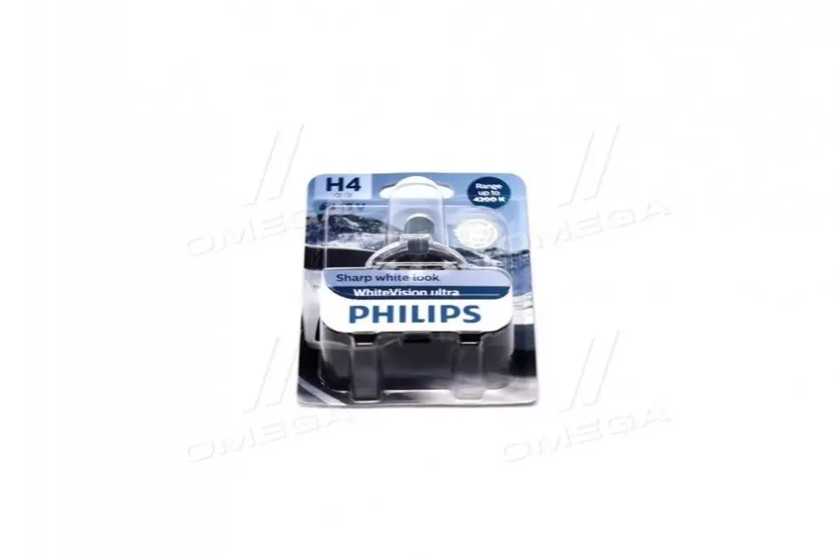 Лампа розжарювання H4 12V 60/55W WhiteVision ULTRA +60 (4200K) (1шт) (вир-во Philips) PHILIPS 12342WVUB1 (фото 1)