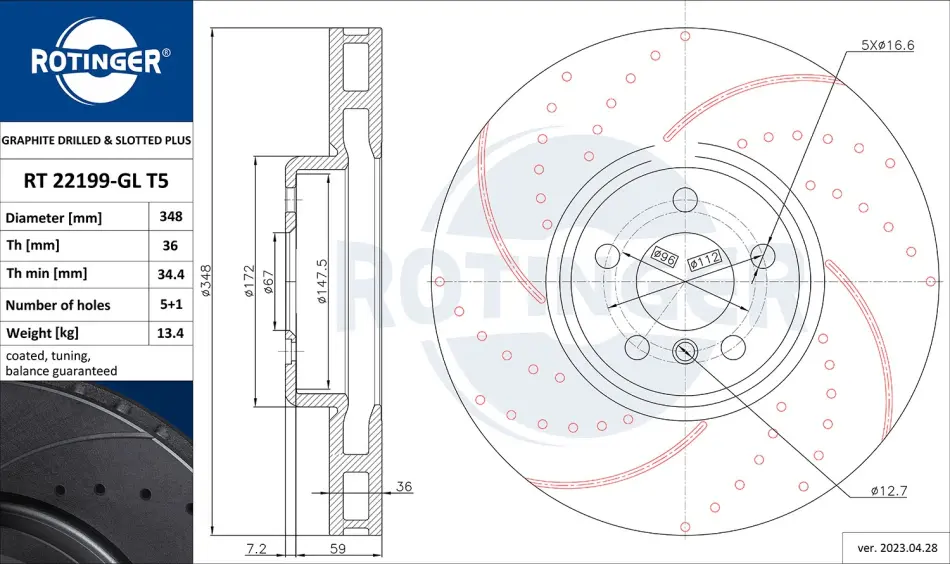 Диск тормозной передний левый BMW 3 (G20/G80/G28), 4 (G22/G82), 5 (G30/F90) [348 ROTINGER RT22199GLT5 (фото 1)