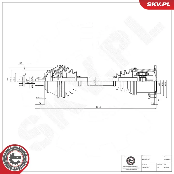 Полуось AUDI A6, 4F0407271J SKV GERMANY 40SKV078 (фото 1)