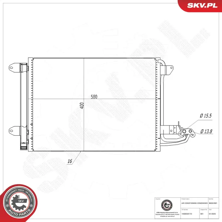 Радиатор кондиционера AUDI A3 SEAT Leon SKODA Octavia II VW Caddy Golf, 1K0820411D SKV GERMANY 86SKV001 (фото 1)