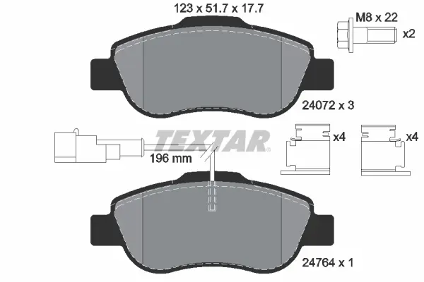 Комплект гальмівних колодок передн, ABARTH 500 / 595 / 695 FIAT 500, 500 C, GRANDE PUNTO, PANDA, PUNTO EVO FORD KA PEUGEOT BIPPER TEPEE 1.2-1.4D 09.03- TEXTAR 2407202 (фото 1)