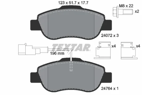 Комплект гальмівних колодок передн, ABARTH 500 / 595 / 695 FIAT 500, 500 C, GRANDE PUNTO, PANDA, PUNTO EVO FORD KA PEUGEOT BIPPER TEPEE 1.2-1.4D 09.03- TEXTAR 2407202