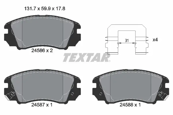 Комплект гальмівних колодок передн, HYUNDAI SONATA V KIA MAGENTIS II 2.0-2.7 01.05-12.10 TEXTAR 2458601 (фото 1)