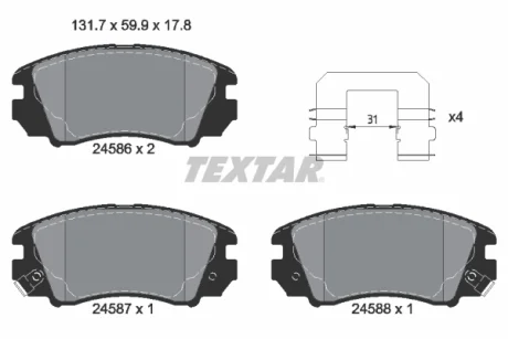 Комплект гальмівних колодок передн, HYUNDAI SONATA V KIA MAGENTIS II 2.0-2.7 01.05-12.10 TEXTAR 2458601