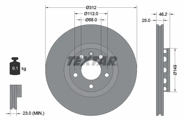 Диск гальмівний (передній) Audi A4/A6/VW Passat 00-09 (312х25) PRO+ TEXTAR 92106105 (фото 1)