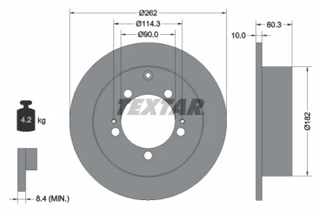 Диск гальмівний CHRYSLER/MITSUBISHI Sebring/Lancer/Outlander "R D=262mm "95-13 TEXTAR 92136103