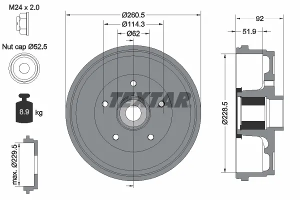 Гальмівний барабан задн DACIA DUSTER RENAULT ARKANA I, DUSTER, KAPTUR 1.0-2.0 04.10- TEXTAR 94047500 (фото 1)