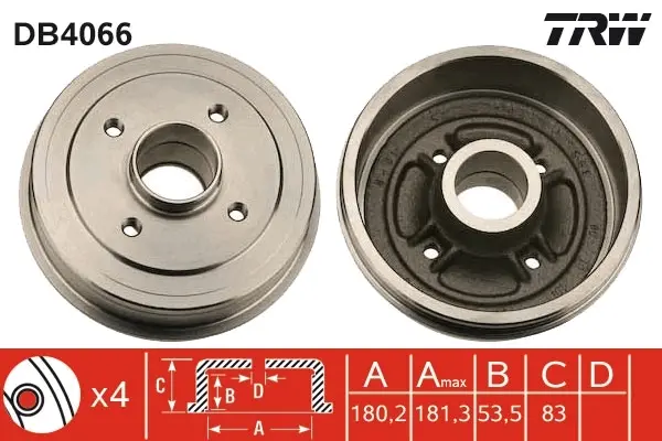 Гальмівний барабан задн RENAULT 11, 19 I, 19 I CHAMADE, 19 II, 19 II CHAMADE, 5, 9, CLIO I, SUPER 5, TWINGO I 1.0-1.9D 01.72-09.98 TRW DB4066 (фото 1)