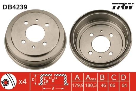 Гальмівний барабан задн MITSUBISHI COLT IV, COLT V, LANCER V, LANCER VI, MIRAGE IV, MIRAGE V 1.3-1.8 12.91-08.04 TRW DB4239