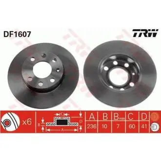 Диск гальмівний передн Лів/Прав OPEL CORSA A, CORSA A TR, CORSA A/HATCHBACK, KADETT D, KADETT E, KADETT E COMBO, KADETT E/KOMBI 1.0-1.4 08.79-07.94 TRW DF1607