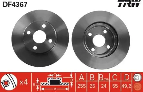 Диск гальмівний передн Лів/Прав TOYOTA COROLLA, COROLLA VERSO 1.4/1.6/1.8 08.01-03.09 TRW DF4367