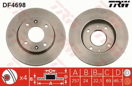 Диск гальмівний (1 шт.) HYUNDAI/KIA Elantra/Matrix/Sonata(YF)/Cerato "F D=257mm "00-15 TRW DF4698