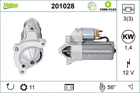 Стартер (12В, 1,4кВт, новий) CITROEN BERLINGO, BERLINGO/MINIVAN, C15/MINIVAN, C4, C4 I, C5 I, C5 II, C5 III, C8, C-CROSSER, EVASION, JUMPER I, JUMPY I, XANTIA, XANTIA/KOMBI, XM 1.4-2.2D 05.89- Valeo 201028