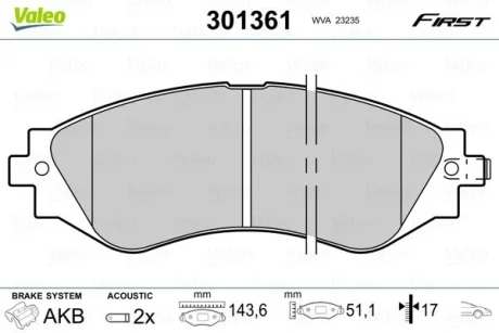 Гальмівні колодки дискові CHEVROLET/DAEWOO Epica/Lacetti/Nubira/Rezzo/Leganza "1,4-2,2 "F "97>> Valeo 301361