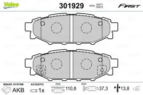 Гальмівні колодки дискові SUBARU/TOYOTA BRZ/Forester/Impreza/Legacy/Outback/GT86 "1,5-3,6 "R "03>> Valeo 301929
