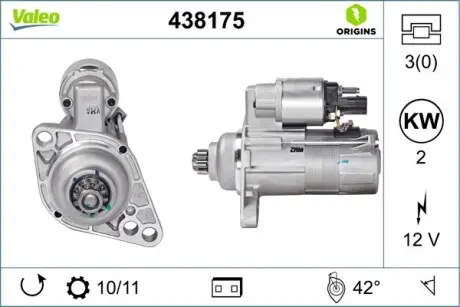 Стартер (12В, 2кВт, новий) AUDI A3, TT SEAT ALTEA, ALTEA XL, CORDOBA, IBIZA III, IBIZA IV, IBIZA IV SC, LEON, TOLEDO III SKODA FABIA I, FABIA I PRAKTIK, FABIA II, OCTAVIA II 1.4-2.0D 10.99- Valeo 438175