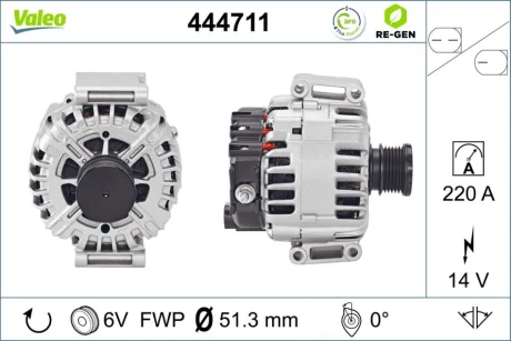 Генератор (14В, 220А, відновлений) MERCEDES SPRINTER 3,5-T (B906), SPRINTER 3-T (B906), SPRINTER 4,6-T (B906), SPRINTER 4-T (B904), SPRINTER 5-T (B906) 2.1D-3.5 04.00-12.18 Valeo 444711