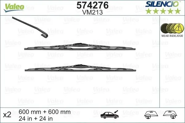 Щітка склоочисника каркасна передн (2шт) VM213 Silencio 600мм IVECO DAILY IV, DAILY V MERCEDES E (W213) BMW 7 (E38), 7 (E65, E66, E67) OPEL MERIVA A, ZAFIRA A RENAULT MASTER II 10.94-10.23 Valeo 574276 (фото 1)