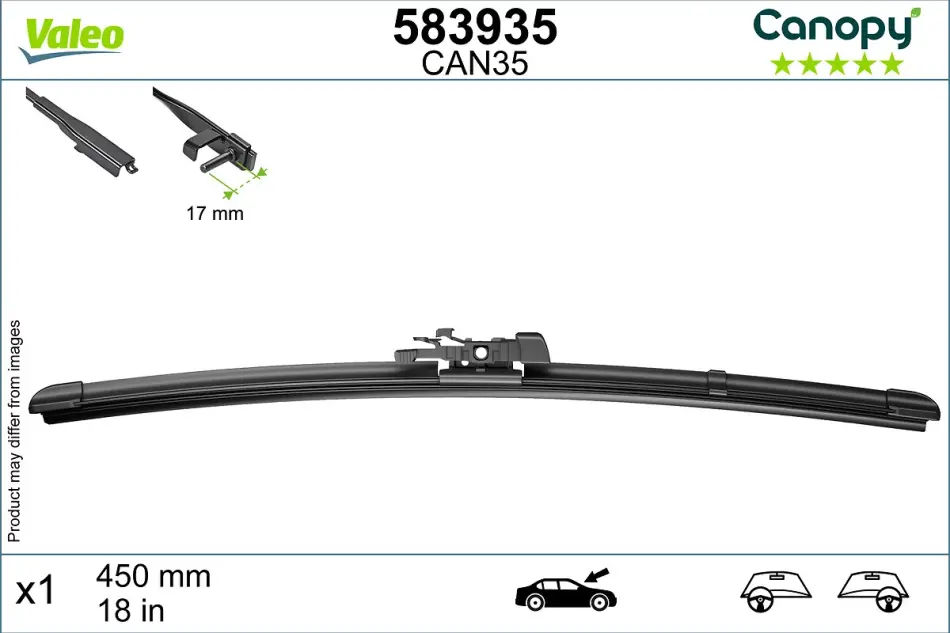 Щітка склоочисника безкаркасна передн із спойлером (1шт) Canopy 450мм ALFA ROMEO 159, BRERA, GIULIA, GIULIETTA, GIULIETTA/HATCHBACK, SPIDER AUDI A1, A1 ALLSTREET, A1 CITY CARVER, A3 11.91- Valeo 583935 (фото 1)