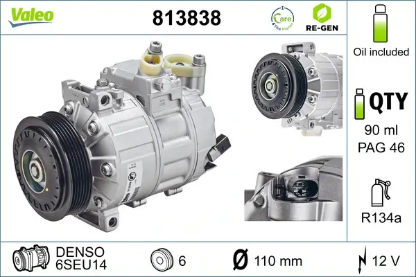 Компресор кондиціонера CADDY/PASSAT 1.2-2.0 04-15 Valeo 813838 (фото 1)