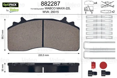 Колодки гальмівні WVA 29315; 220,5x 99,3x30 Valeo 882287
