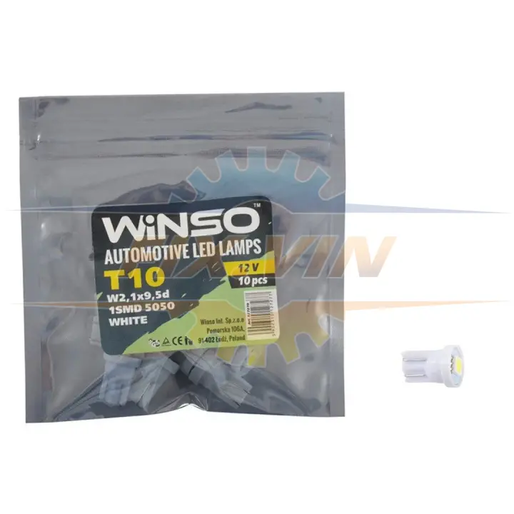 12V SMD T10 W2.1x9.5d 1LED 5050 white 10шт.уп. WINSO 127270 (фото 1)