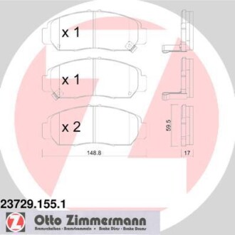 Колодки гальмівні (передні) Honda Accord/Civic 00- (Sumitomo) (149x60x18) R15 ZIMMERMANN 23729.155.1