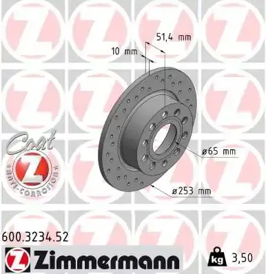 Диск гальмівний (задній) Audi A3//VW Caddy III 04-15/Skoda Octavia III/IV 03- (253x10)(з отворами) ZIMMERMANN 600.3234.52 (фото 1)
